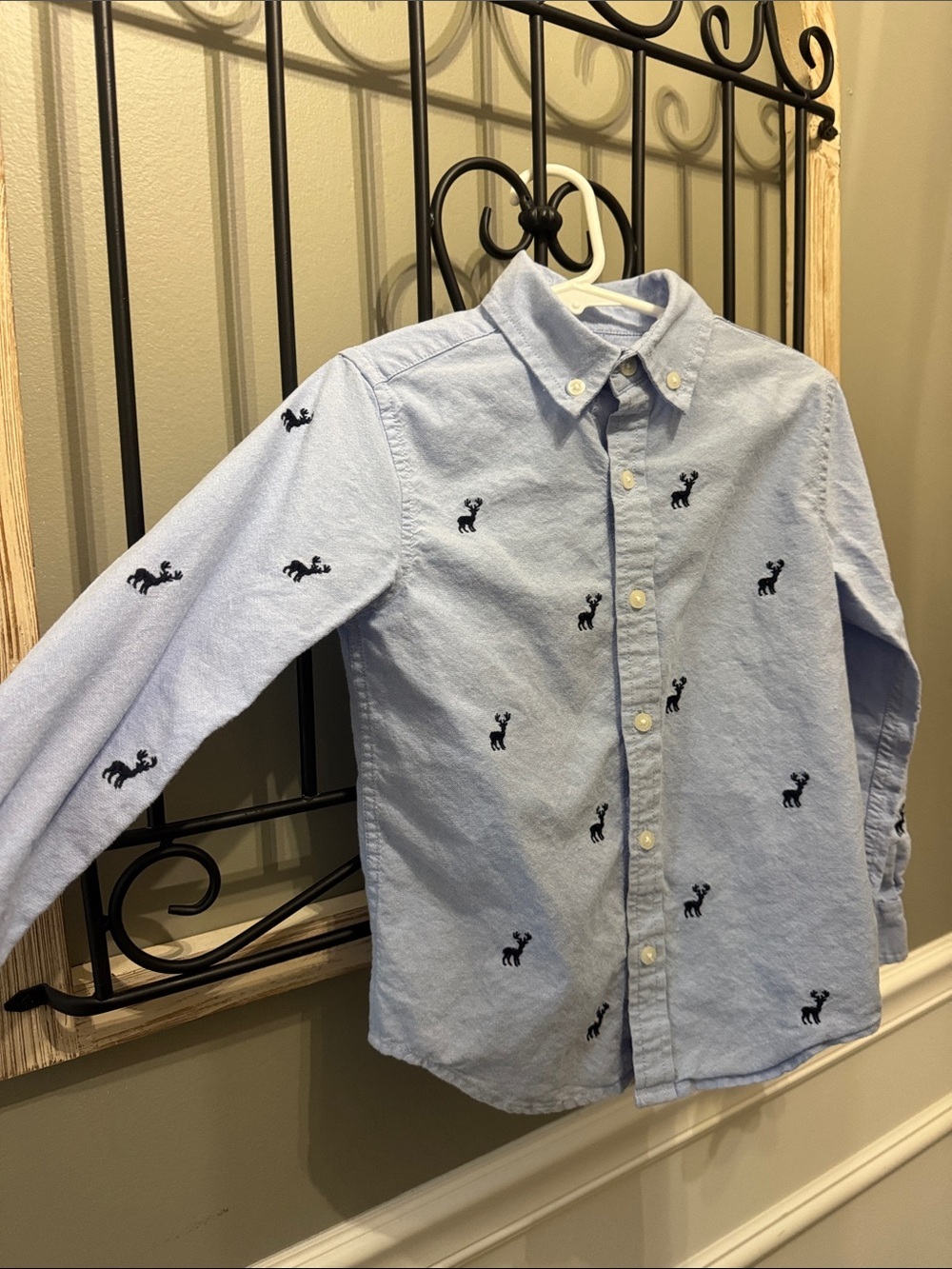 Janie and Jack Light Blue Button-Down with Navy Moose Embroidery 5 Cotton - Picture 5 of 6